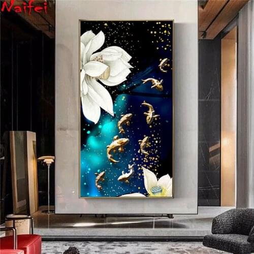 Abstract Color white flowers lotus fish 5d diy diamond painting full square round drill diamond embroidery kits wall decoration