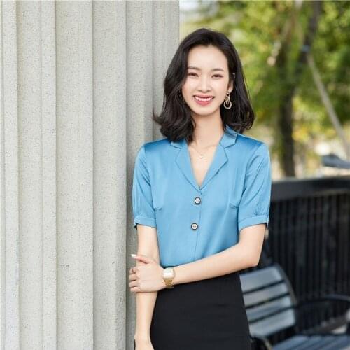 Short Sleeve Elegant Blue 20201 Spring Summer Blouses Shirts for Women Business Office Work Wear Ladies Blouse Clothes Tops