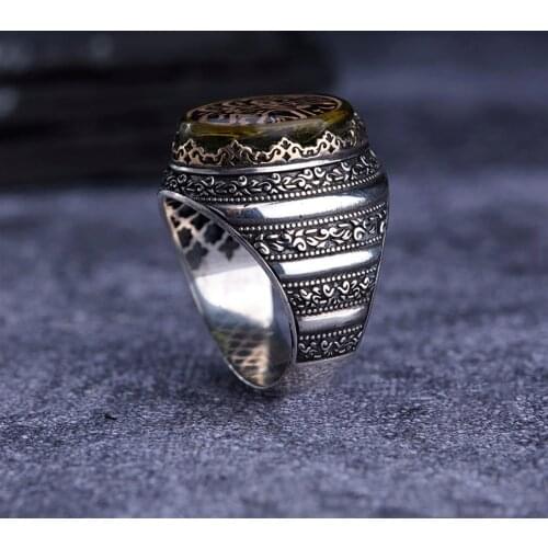 Zircon 925 Sterling Silver Arabic Engraved Traditional Handmade Turkish Signet Ring Jewelry Gift for Women Men