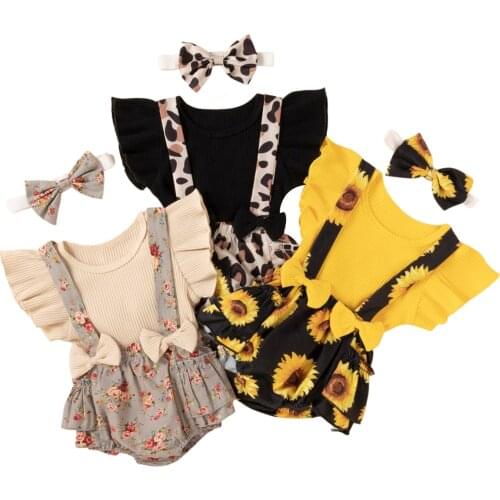 Kids Suit Set, Solid Color O-Neck Short Sleeve Tops+ Sunflower Print Suspender Shorts+ Hairband for Girls, 0-24 Months