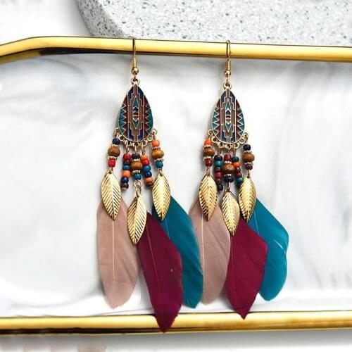 Womens Earrings Bohemian Style Long Feather Tassel Earrings Ethnic Style Pendant Earrings