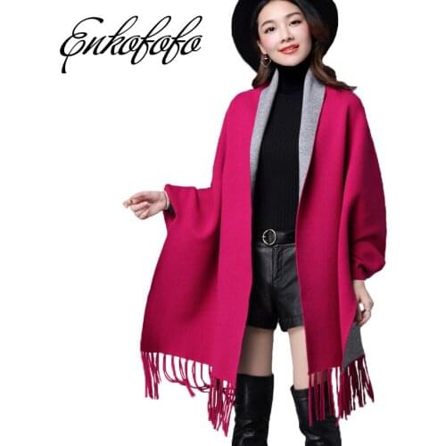 Double Sided Sweaters Womens Elegant Socialite Cashmere Tassel Cardigan Sweater Women Batwing Sleeves Scarf Cape Outwear Phocho