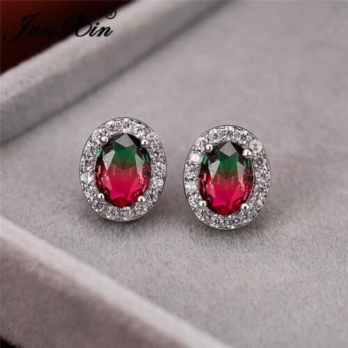 Gradient Two Tone Crystal Oval Earrings Silver Color Rainbow Fire Zircon Boho Red Green Pink Wedding Stud Earrings For Women