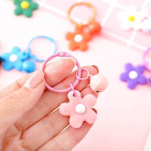 Korean Fashion Small Candy Flower Keychain for Women Girl Bell Key Ring Car Key Chain Bag Charms Pendant Party Jewelry Wholesale