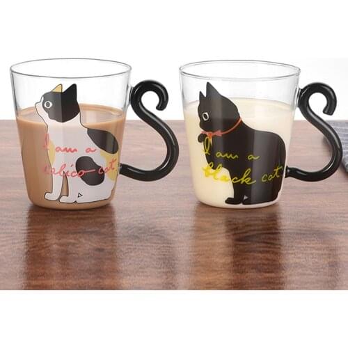 Behogar 250ml 8.45oz Cute Cat Pattern Mug Glass Cups with Kitty Tail Shaped Handle for Water Milk Coffee Drink Home Decor