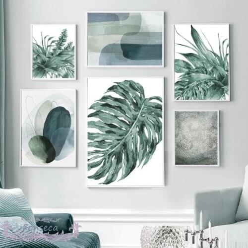 Minimalist Green Color Block Monstera Leaf Poster Wall Art Canvas Painting Nordic Modular Pictures for Living Room Home Decor