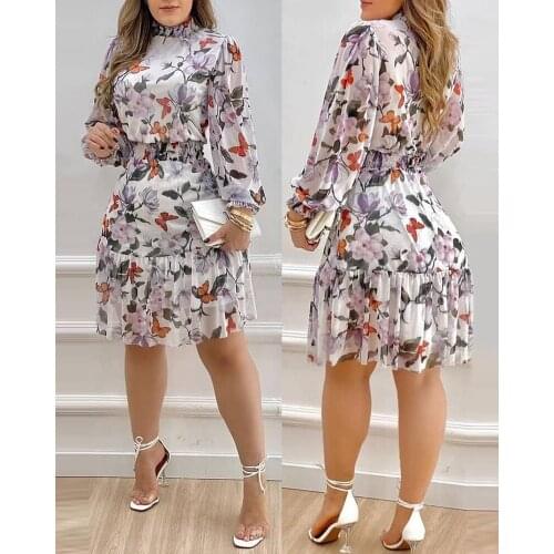 Autumn Women Floral Print Mini Dress 2021 Femme Casual Long Sleeve Shirred Ruffle Corset Robe Office Lady Clothing traf Vestidos