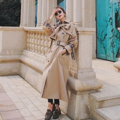 Women Plaid Splice Khaki Windbreaker Double Breasted Detachable Hooded Bow Long Trench Coat Female Korean Vintage Overcoat Cloak