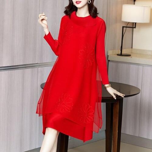 K210134 sanzhai Pleated Dress New in spring and summer 2021, loose and fashionable, large size, age reduced red dress