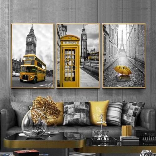 Retro European Architecture Yellow Umbrella Bus Security Post Canvas Prints Poster Nordic Style Paintings for Living Room Decor