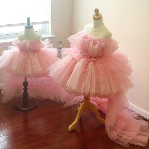Pink Baby Girl Dress Tulle Puffy Flower Girl Dress Train Child Pricess Dress For Girl Birthday First Communion Gowns