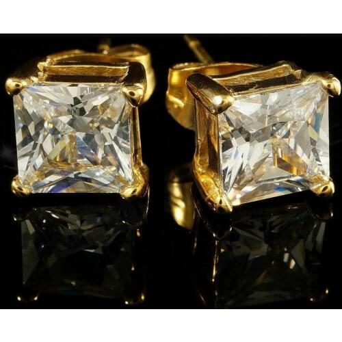 Dazzling Gold Color Square Cut Cubic Zirconia Stud Earring Cocktail Party Iced Out Crystal Earring Hip Hop Jewelry for Men Women