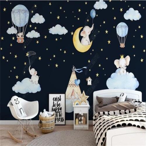 Nordic Cartoon Elephant Sky Night Childrens Room Background Wall Paper 3D Living Room Kids Bedroom Decor Mural Wallpaper 3D