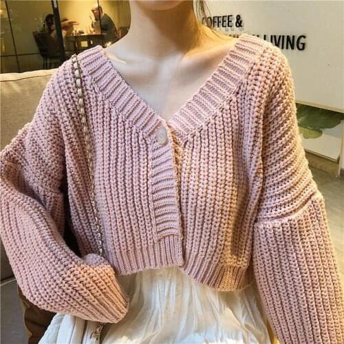 OMCHION V Neck Crop Top Knitwear 2020 Autumn Loose Pink Thicken Short Cardigan Women Sweet Oversize Korean Sweater Coat LYT13