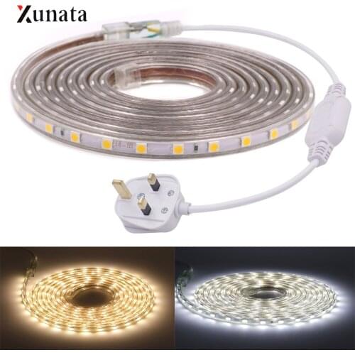 XUNATA 220V 60LEDs/M SMD5050 LED Strip Waterproof Flexible LED Ribbon Light Strip Rope High Bright LED Tape with UK Plug