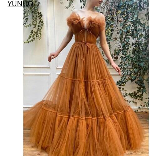 YUNUO Charming Tulle Evening Dress Long Cadmium Orange robes de soirée A-line Tiered Prom Dresses vestidos formales Floor Length