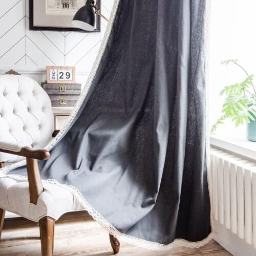 Curtain finished grey plain lace side small window kitchen curtain cotton linen semi shading floating window single piece