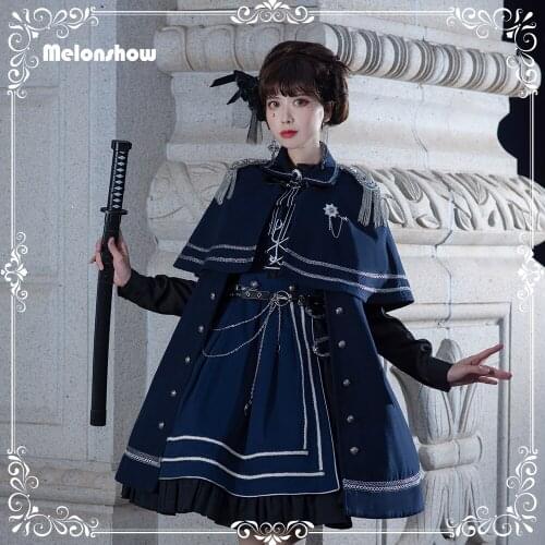 Melonshow Lolita Cape Blue Plus Size Military Lolita Cloak Layered Buckle Lolita Top Kawaii Clothing Girls