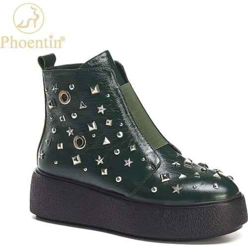 Phoentin green ankle boots female geometric rivet autumn womens shoes thick sole punk cool street shoes zipper elastic FT1094