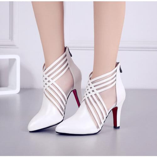 Women Full Grain Leather Thin Heels Pointed Toe Summer Ankle Boots Cut Out Zip Fashion Real Leather Lady Boots 20170207