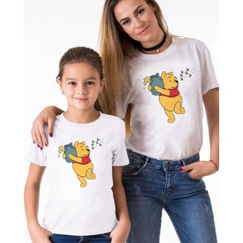 Cute Cartoon Matching Family Clothes Summer New White Winnie The Pooh Printed Family Look Outfits Harajuku Women Baby Kids Tops