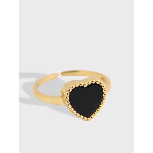 925 Sterling Silver Open Ring Black Heart Literary Temperament Personality Fashion Female Resizable Opening Rings