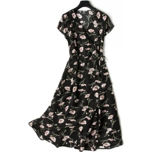 Women Summer Silk Dress V neck black Vintage Natural silk dresses Elegant Dress Casual real silk floral wrap style dress