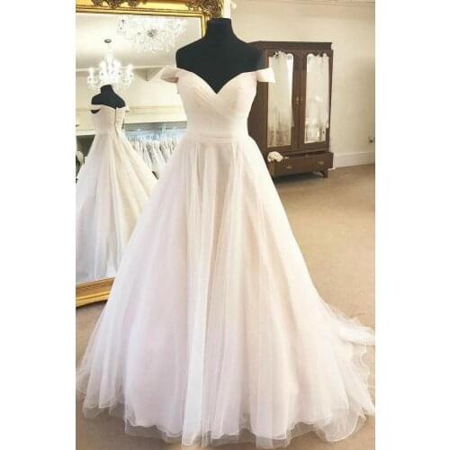 Elegant Customize A-Line V-Neck Long Tulle Off Shoulder Wedding Dresses Pleated Corset Back Floor Length Bridal Gowns for Women