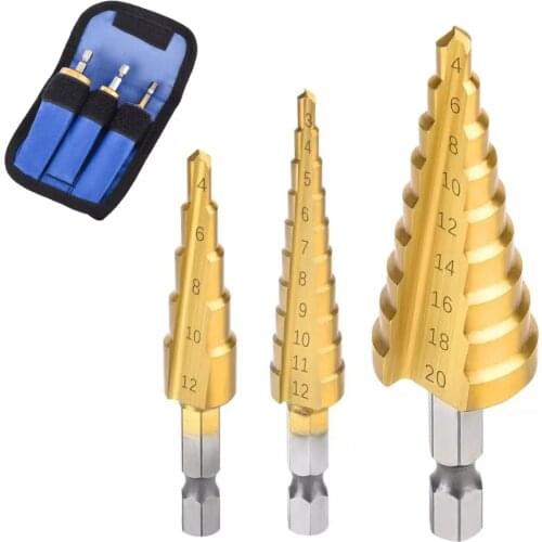 3PC/Set 3-12MM 4-12MM 4-20MM HSS Straight Flute Step Drill Bit Titanium Coated Wood Metal Hole Milling Cutter Reamer Drill Tool