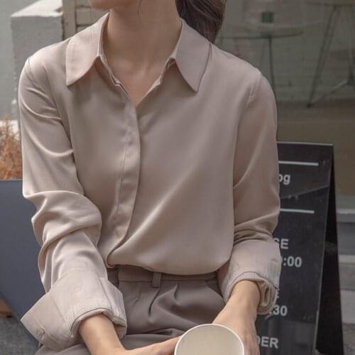 QOERLIN Satin White Button Up Shirt Champagne Long Sleeve Tops for Women 2021 Turn-Down Collared Business Blouses Plus Size Top