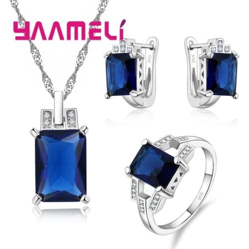 Elegant Square Crystal Jewelry Set For Women Pendant Necklace Earrings Rings Size 6 7 8 9 elegant Fashion Accessories Wedding