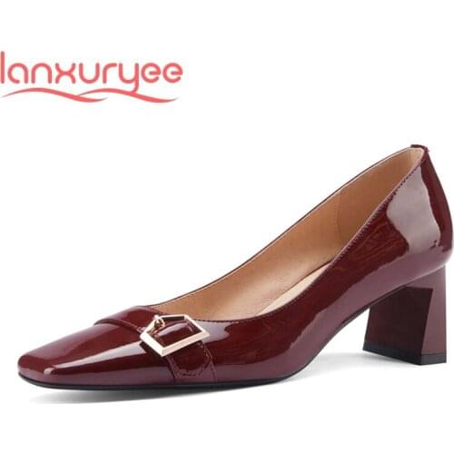 Lanxuryee patent leather square toe high heels buckle decoration French romantic mature young lady daily wear women pumps L05