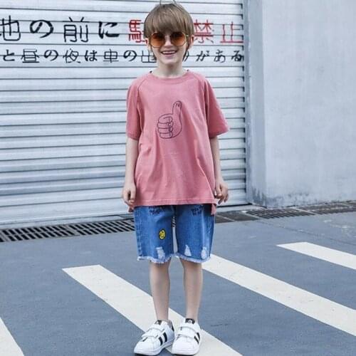 2019 summer big boys fashion clothes suits childrens print short sleeve tops + denim shorts 2 pcs clothes kids clothing sets