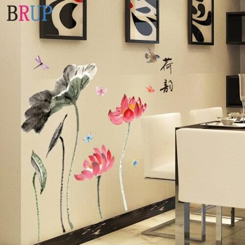 98*120cm Chinese Style Lotus Flower Wall Stickers Ink Style Art Home Decor for Living Room Wall Decal Vinyl DIY Mural