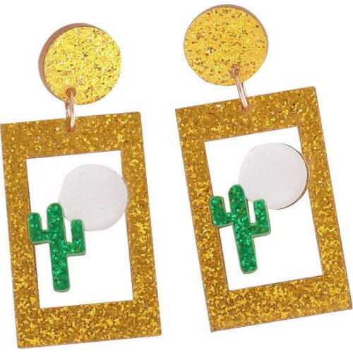 New Fashion Artistic Gold Color Glittering Rectangle Earrings For women Cute Botany Cactus Acrylic Drop Earrings Jewelry E18065