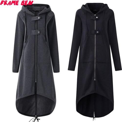 FRANE BEN Autumn and Winter Streetwear Hooded Asymmetric Long-sleeved Zipper Button Long Jackets Coat for Female Plus Size