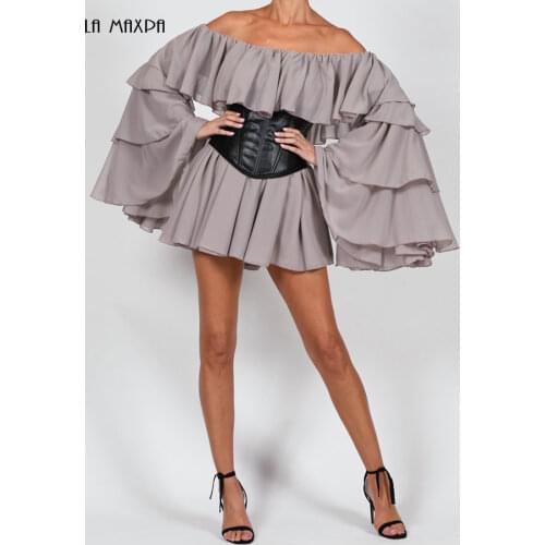 Ruffled Slanted Collar Off-Shoulder Slim Pleated Mini Dress New Sleeveless Version Fashion Trend Autumn 2021