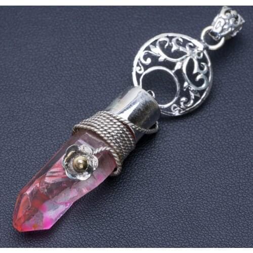 Natural Two Tones Pink Aura Quartz Punk Style 925 Sterling Silver Pendant 2 3/4" Q0985