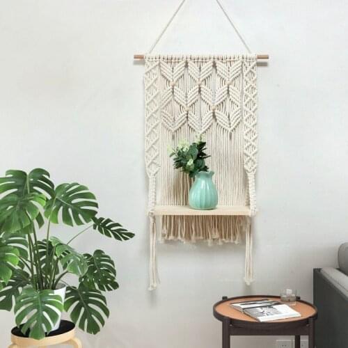 Hand-Woven Macrame Hanging Planter Basket Wooden Shelves Bohemian Style Rack Wall Hanging Tapestry Home Room Decor