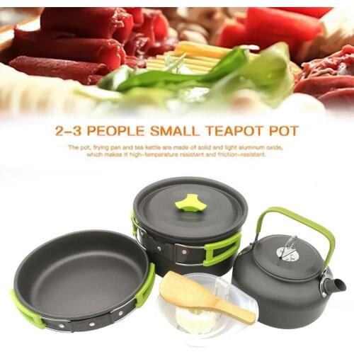 Outdoor Camping Hiking Picnic Cookware Aluminium Frying Pan Pot Tea Kettle Set with Bowl Soup Ladle Cleaning Cloth Wooden Shovel