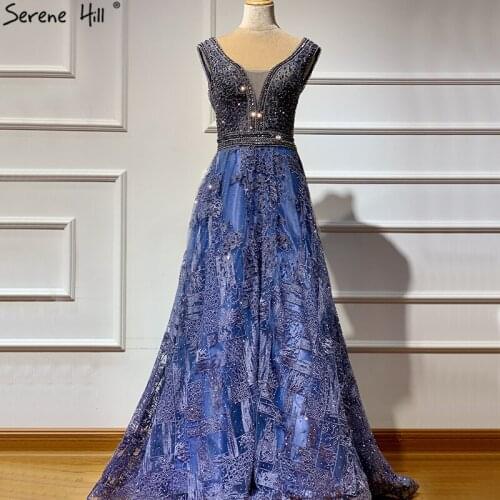 Dubai Design Luxury Blue V-Neck Prom Dresses 2020 Crystal Sleeveless Beach Evening Gowns Long Real Photo BLA60839