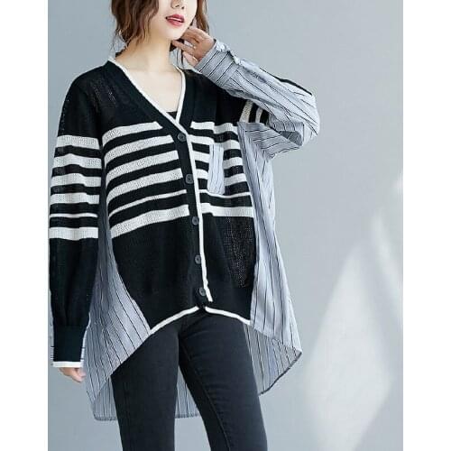 Autumn New Womens Knitted Cardigan Stitching Striped Shirt Loose Oversized Fashion V-neck Shirt Thin Jacket Irregular Tide e283