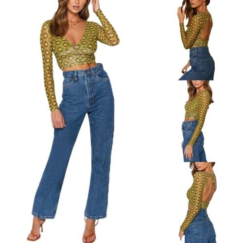 Female Crop Tops, Floral Print Deep V-Neck Long Sleeve Backless Blouse for Summer, S/M/L