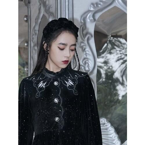 Spring Autumn Original Design Women All-match Vintage Embroidery Collar Bling Bling Velvet Black Dresses