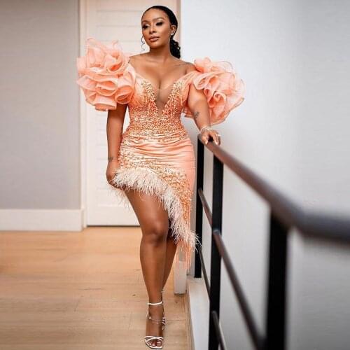 Asymmetrical Mermaid Prom Dresses For Black Girls Major Pearls Feather Puffy Ruffles Sleeves Plus Size Evening Dress Luxury