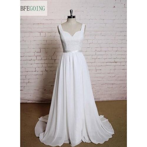 White Lace Chiffon A-line Wedding dresses Chapel Train V-Neck Sleeveless Backless Real/Original Photos Custom Made