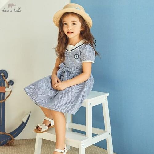DKY17736 dave bella summer girls 5Y-13Y fashion cartoon bow print draped dress children sweet dress kids infant lolita clothes