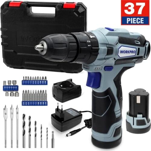 WORKPRO 12V Cordless Drill Driver Kit Combi Drill with 2 Li-Ion Batteries Fast Charger 18+3 Torque Setting 2-Speed 3/8'' Chuck