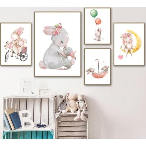 Baby Rabbit Canvas Painting Animal Print Pink Balloon Flower Poster Cartoon Bunny Posters Nursery Wall Art Pictures Baby Room