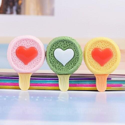 Kawaii Love Heart Lollipop Candy Ice Cream Resin Cabochons Patch Sticker Fit Girl Hair Jewelry Bow Center Clip 25*35mm 100pcs